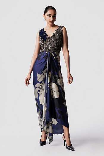 V Neck Printed Draped Bustier Dress