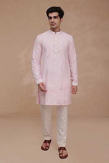 Embroidered Ruby Silk Kurta & Pant Set