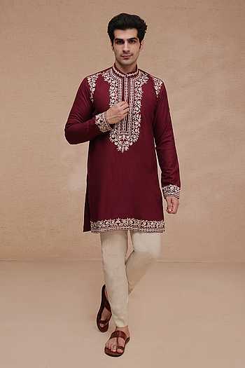 Embroidered Ruby Silk Kurta & Pant Set