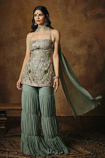 Indu Blue Embroidered Kurta Sharara Set