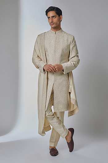 Raw Silk Sherwani Set with Silk Chanderi Kurta Pant