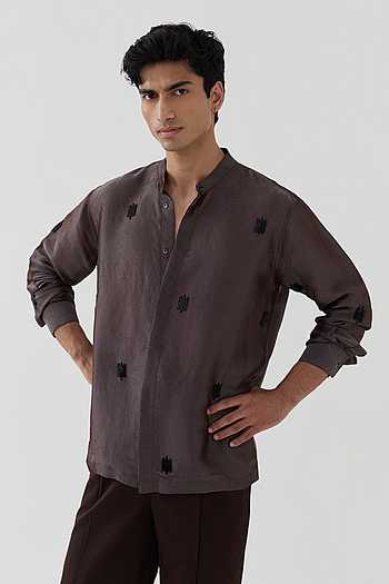 Hand Embroidered Band Collar Tissue Shirt