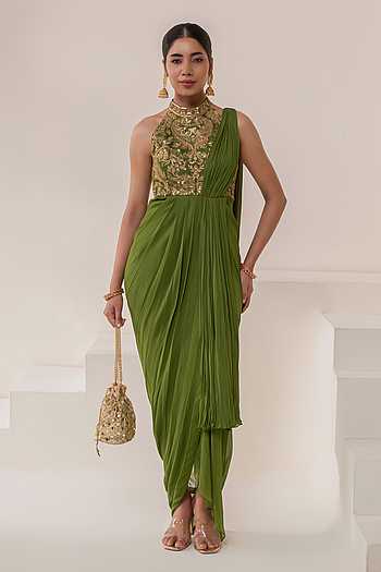 Halter Neck Embroidered Saree Gown