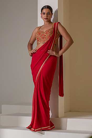 Pre-Draped Saree With Embroidered Blouse