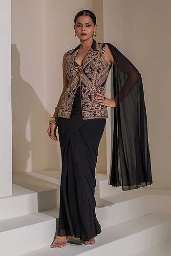 Pre-Draped Saree Set With Embroidered Jacket