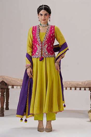 Phulkari Jacket Chanderi Silk Anarkali Set