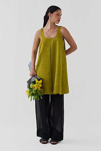 Pleated Chanderi Tunic & Organza Pant Set