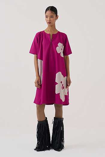 Chanderi Applique Floral Short Dress