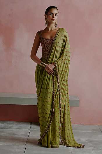 Bandhani Pattern Draped Lehenga Saree With Corset