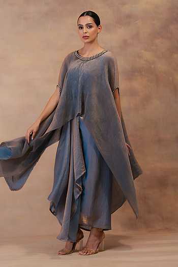 Metallic Steel Blue Kaftan & Dhoti Skirt Set