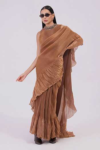 Metalic Chestnut Pre-Draped Saree Set