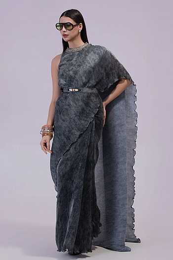 Smoke Steel Grey Pre-Draped Saree Set