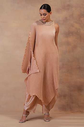 Champagne Muse Draped Tunic With Dhoti Pant