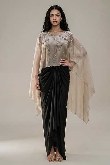 Iris Embroidered Overlay Draped Skirt Set