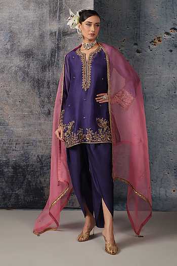 Purple Embroidered Short Kurta Set