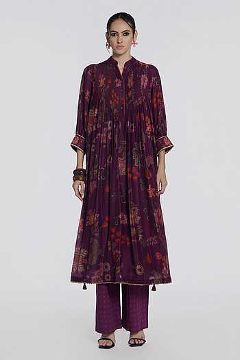 Vintage Plum Flora Print Kurta & Pant Set