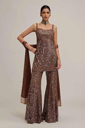 Deep Beige Embroidered Kurta Sharara Set