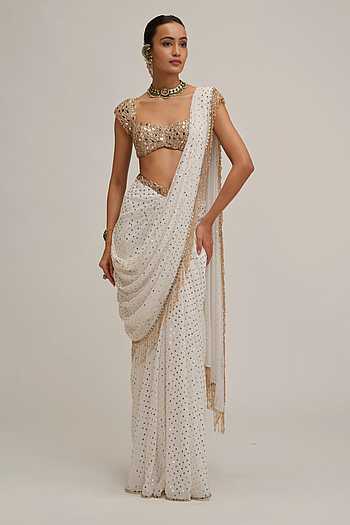 Mirror Work Pre-Draped Saree With Blouse