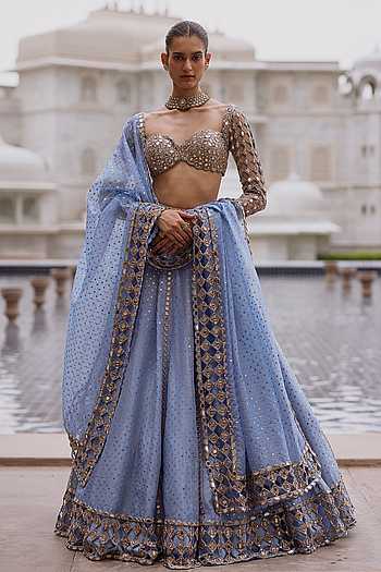 Dew Blue Embroidered Blouse Lehenga Set