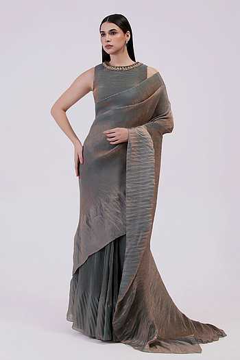 Metallic Moss Green Pre-Draped Saree Set