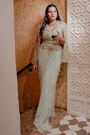 Floral Embroidered Jacket & Draped Skirt Set