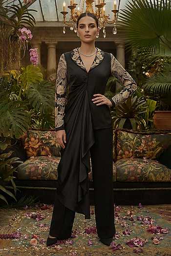 Embroidered Draped Blazer & Trouser Set