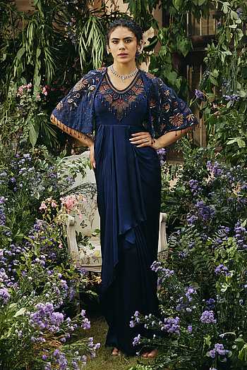 Floral Embroidered Cape Gown