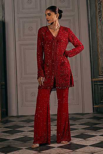 Regal Tonal Embroidered V-Neck Kurta & Palazzo Set