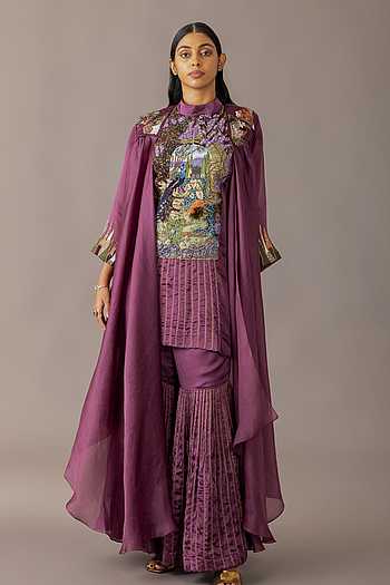 Wine Hamada Embroidered Kurta Set With Cape