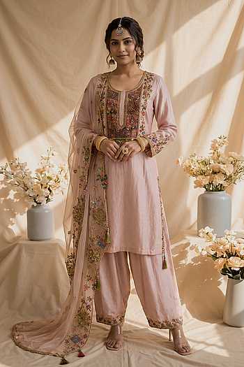 Floral Resham Embroidered Chanderi Kurta Set