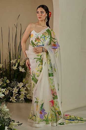 3D Floral Embroidered Saree & Blouse Set