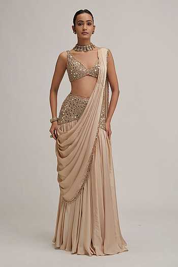 Satin Pre-Draped Saree With Blouse