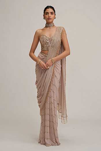 Linear Mirror Work Pre-Draped Saree Set