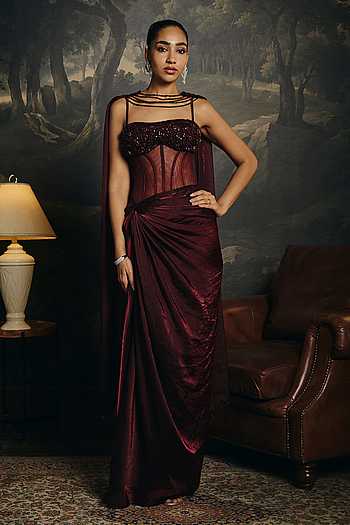 Alisha Burgundy Corset Saree Gown