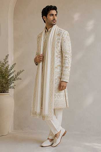Camel Embroidered Sherwani Set