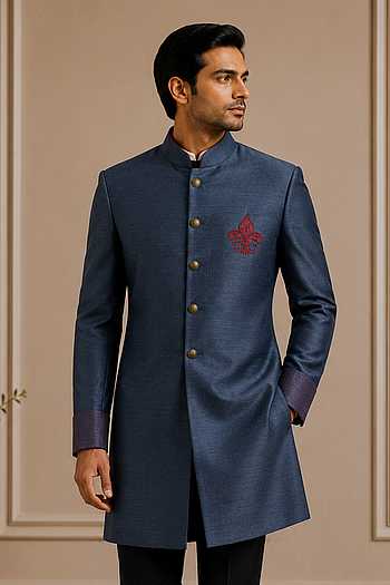 Navy Blue Raw Silk Sherwani