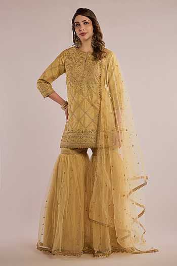 Checkered Embroidered Kurta Gharara Set