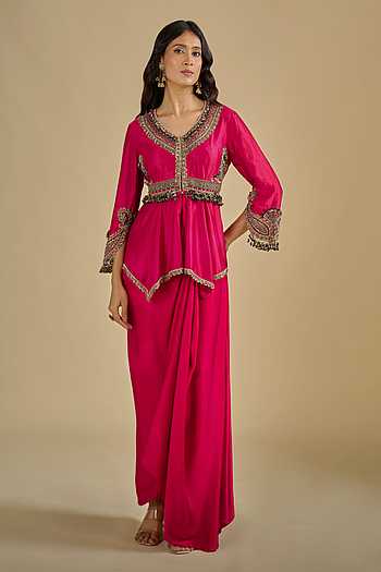 Neckline Embroidered Peplum Top & Skirt Set