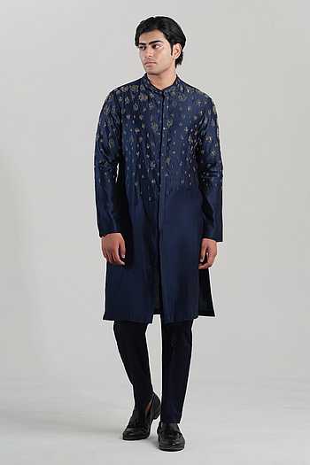 Navy Oblique Embroidered Kurta Set