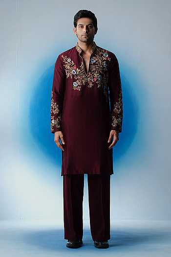 Wine Twilight Bloom Embroidered Kurta Set