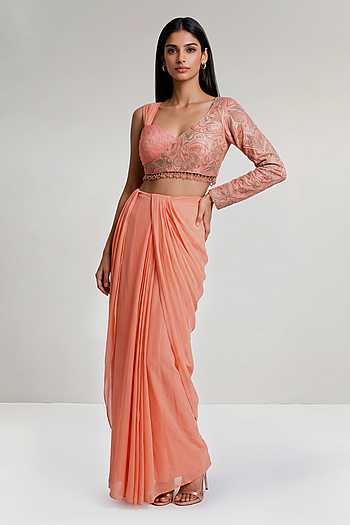 Pre-Draped Saree With Embroidered Blouse