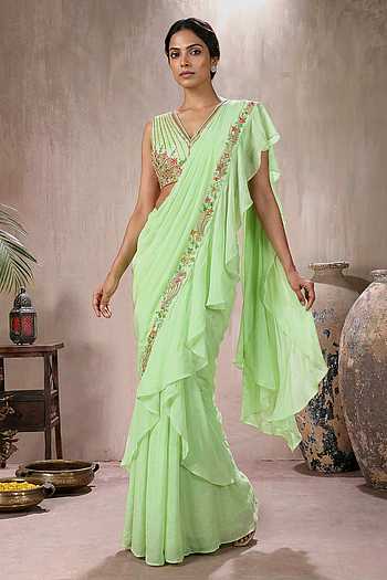 Ruffle Pre-Draped Saree With Embroidered Blouse