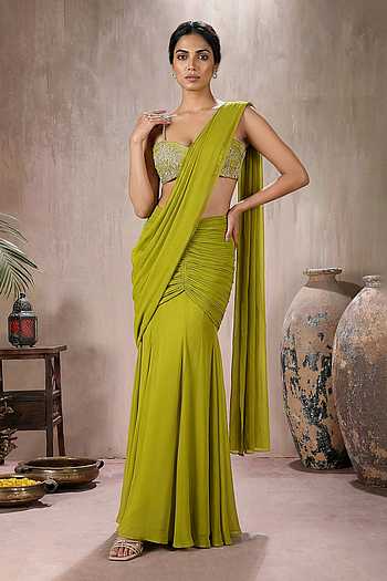 Ruched Pre-Draped Saree With Blouse