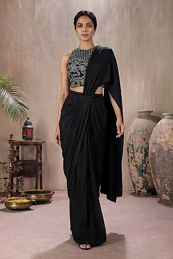 Pre-Draped Saree With Embroidered Blouse