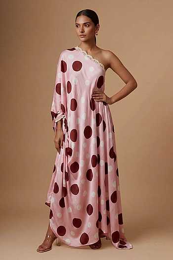 Polka Dot Satin One-Shoulder Dress