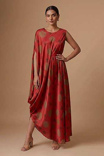 Polka Dot Satin Draped Dress & Belt