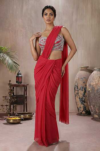 Pre-Draped Saree With Embroidered Blouse