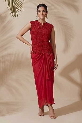 Vivana Embroidered Top & Draped Skirt Set