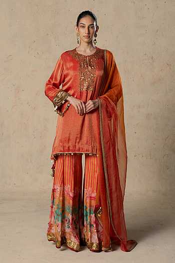 Orange Flame Embroidered Kurta Sharara Set