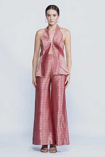 Rose Gold Banarasi Halter Neck Jacket & Pant Set